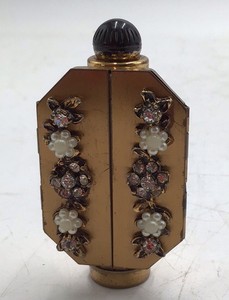 Vintage Goldtone Octagonal Vanity Compact  Jeweled Floral Design with Lipstick Holder