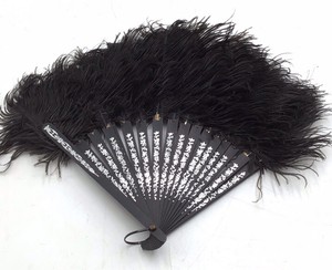 Vintage Black Feather Folding Fan  White Painted Floral Design