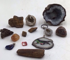 Assortment of Small Agate Geodes, Tumbled Stones, and Painted Slice Pendant