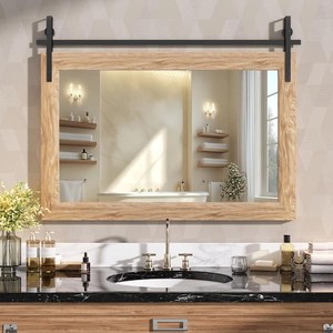 Vosuja Brown 40 in. W x 26 in. H Rectangle Wood Framed Farmhouse Wall Mounted Mirror Vintage Vanity Decrative Bathroom Mirrors