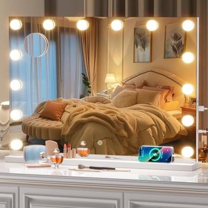 Vosuja 28 in. W x 20 in. H Rectangle Framed Vanity Mirror with Lights, White LED Makeup Mirror with 5X Magnification