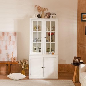 Polibi White 75.25 in. Accent Cabinet, Pantry Cabinet with Glass Doors, Lattice Windows