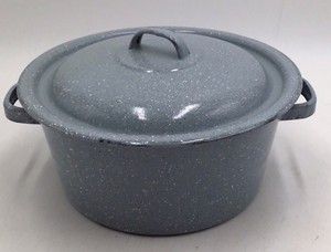 Vintage Gray Speckled Enamel Stock Pot with Lid  Large Dutch Oven Style