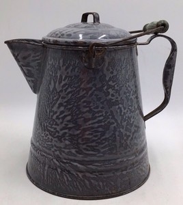 Vintage Gray Speckled Enamel Coffee Pot  Swinging Lid with Bail Handle
