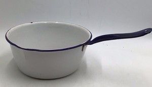 Vintage White Enamel Saucepan with Blue Rim