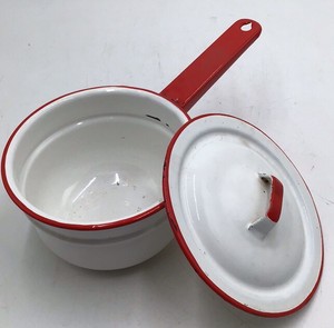 Vintage White Enamel Saucepan with Red Trim  Graniteware with Lid