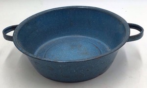 Vintage Blue Speckled Enamel Wash Basin  Graniteware with Side Handles