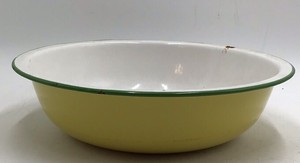Vintage Yellow Enamel Wash Basin  Graniteware with Green Rim