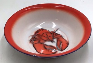 Vintage Enamel Bowl  Lobster Motif with Red Rim and Blue Trim