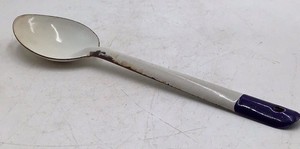 Vintage White Enamel Serving Spoon  Graniteware with Blue Handle Tip