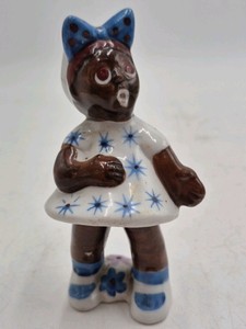 Vintage Ceramic Black Americana Figurine  Girl with Bow in Polka Dot Dress