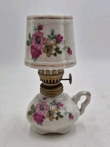 Vintage Miniature Ceramic Oil Lamp  Floral Rose Pattern with Brass Fittings