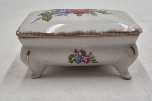 Vintage Porcelain Trinket Box  Floral Rose Pattern with Gold Trim