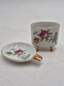 Vintage Porcelain Mustache Cup and Saucer  Floral Rose Pattern with Gold Trim