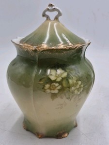 Vintage Porcelain Trinket Box  Green Glaze with Hand-Painted Floral Motif