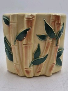 Vintage Ceramic Bamboo Motif Planter  Relief Design with Green Leaves