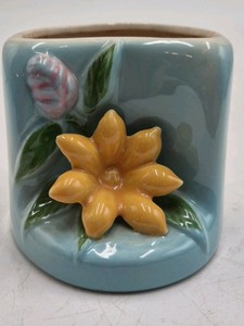 Vintage Ceramic Flower Pot  Blue Glaze with Raised Floral Relief