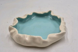 Vintage California Pottery Dish  Turquoise Glaze with Cream Scalloped Rim