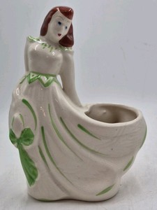 Vintage Ceramic Lady Figurine Planter  Red Hair Green Dress Accents