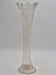 Vintage Clear Glass Swirl Vase  Crimped Rim Fluted Design