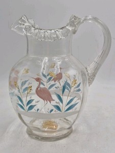 Vintage Glass Pitcher  Hand-Painted Heron and Foliage Design