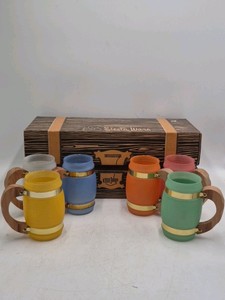 Vintage Siesta Ware Glass Steins  Multi-Color with Wood Handles