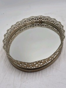 Vintage Filigree Mirrored Vanity Tray  Oval Gold Tone Border