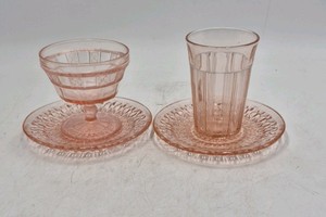Vintage Pink Depression Glass Sherbet and Tumbler Set  Ribbed Pattern