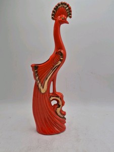 Vintage Ceramic Peacock Vase  Orange Glaze with Gold Accents