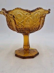 Amber Depression Glass Compote  Intricate Geometric Cut Bowl