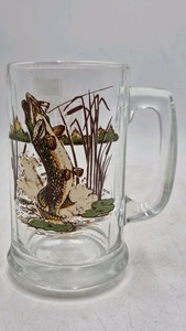 Vintage Glass Beer Mug  Northern Pike Fishing Scene