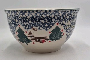 Cabin in the Snow Mixing Bowl  Folk Craft Christmas Snowman Trees