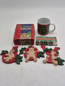 Vintage Christmas Lot  Mica Snow Box, Sleigh Bells, Bear JOY Wall Decor, Reindeer Mug