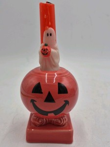 Vintage Halloween Pumpkin Ghost Candle Holder  Ceramic Jack-o-Lantern Design
