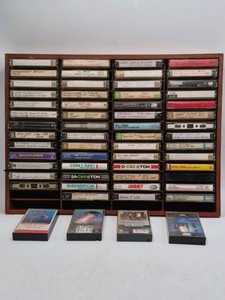 Vintage Cassette Tape Collection in Wooden Wall Rack  1970s-1980s Rock Pop Mix