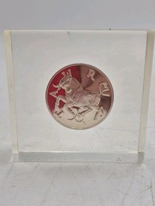 Vintage Zodiac Medallion Paperweight  Aries Bull in Acrylic Block