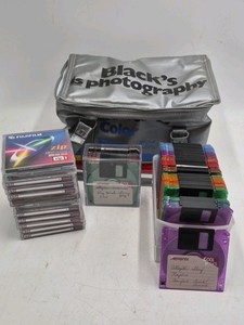 Vintage Zip Disks, Floppy Disks, and Carrying Case  Fujifilm, Memorex, Iomega