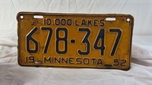 1952 Minnesota License Plate  10,000 Lakes Yellow and Black