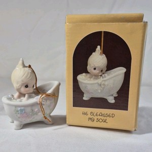 1987 Precious Moments He Cleansed My Soul Ornament  Enesco Porcelain Bathtub Design
