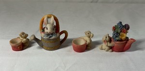 Miniature Bunny Teapot and Watering Can Figurines  Rabbit Family Set