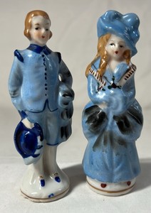 Occupied Japan Porcelain Figurines  Boy and Girl in Blue Outfits