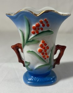 Occupied Japan Porcelain Vase  Blue Rim with Berry Branches