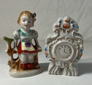 Occupied Japan Porcelain Figurine and Clock  Girl with Frog and Floral Clock