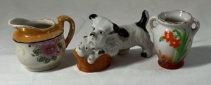 Occupied Japan Porcelain Miniatures  Creamer, Scottie Dog, and Floral Vase Description Se