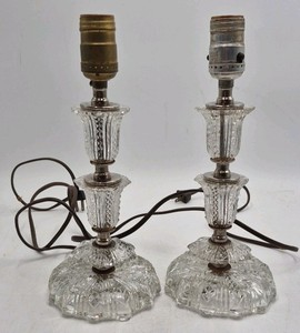 Pair of Vintage Cut Crystal Boudoir Lamps  Scalloped Bases with Prisms