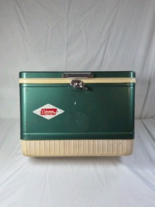 Vintage Coleman Green and Tan Metal Cooler  Diamond Logo Made in USA