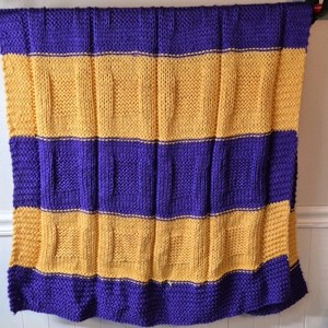 Vintage Knitted Afghan  Purple and Gold Striped with Textured Panels