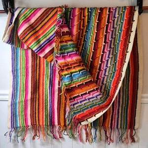 Vintage Crocheted Striped Afghan  Rainbow Zigzag Pattern with Fringe