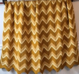 Vintage Hand-Crocheted Chevron Afghan  Mustard and Beige Tones