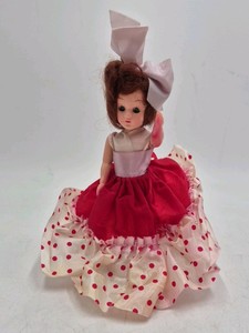 Vintage Small Brunette Vinyl Doll  Red Polka Dot Dress Large Bow
